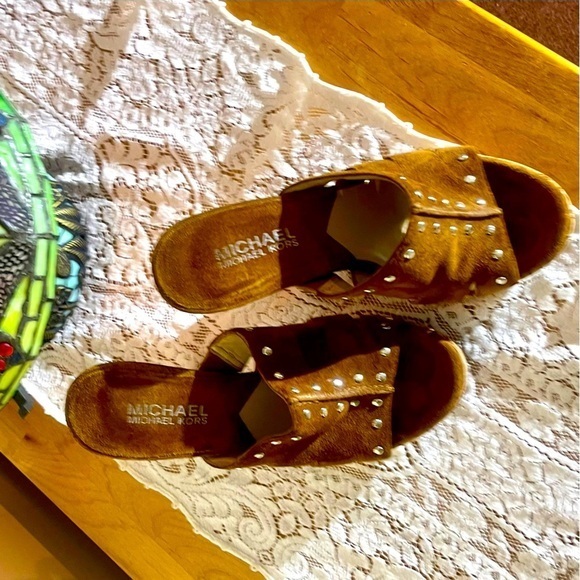 Michael Kors Woodstock heeled & pump slides Suede & Cork in GUC Sz 6 - Picture 5 of 8